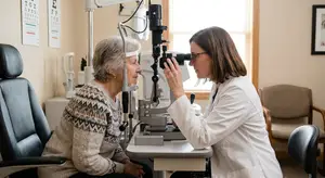 An older woman is sitting in a chair getting her eyes examined by a female doctor