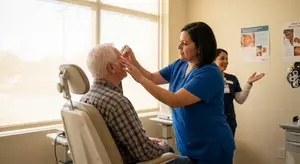 A nurse in blue scrubs is administering eye drops to an older man who is sitting in a chair.