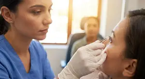 A female doctor wearing blue scrubs is seen examining the face of a female patient with tweezers, likely performing an eye examination or procedure.