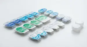 Multiple packs of colored contact lenses with their lids open displayed on a white surface
