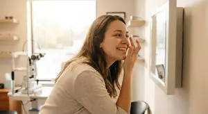 woman smiling and looking at her face in a mirror inside a building