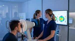 Three medical professionals are standing around a man getting a retinal scan