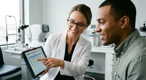 woman doctor in white lab coat showing tablet to man in eye clinic