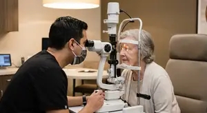 An eye doctor is examining a patient's eyes using an ophthalmoscope.