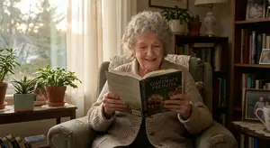 An elderly woman sitting in a chair and reading a book called The Garden's Promise.