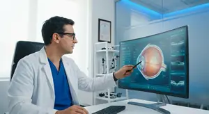 A male doctor is examining eye images on a monitor in a clinic.