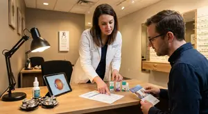A woman and a man are sitting at a desk in an eye clinic discussing a treatment plan on a tablet