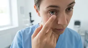 woman trying on contact lenses in her eye