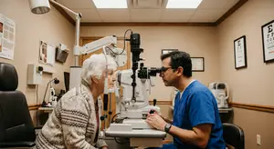 An older woman looks into a medical eye exam machine as a man sits next to her looking into the machine and holding a tool.