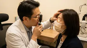 An eye doctor wearing a white coat and mask is examining a patient's eye with an ophthalmoscope.