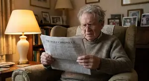A senior man reading the Daily Chronicle newspaper