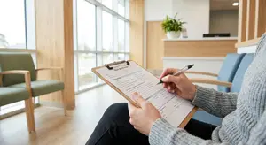 A woman fills out a patient form while sitting in a medical office.