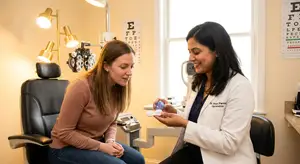 A woman is sitting in a chair and having a conversation with a woman in a lab coat in an eye care office.