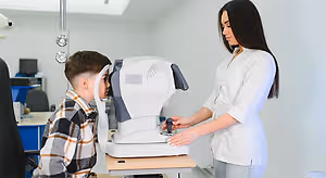 A young boy is having his eyes examined by an optometrist in a medical office.