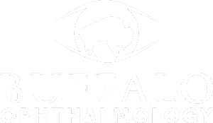 Buffalo Ophthalmology logo featuring a stylized bison head within an eye shape, set against a black background with the words 'Buffalo Ophthalmology' written in white below