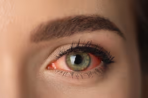 Close-up of a woman's eye with a red spot and brown eyelashes.