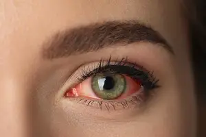 Close-up of a woman's eye with a red spot and brown eyelashes.