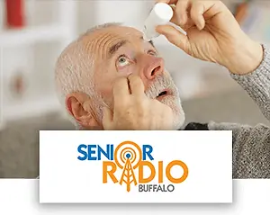 Senior Radio Buffalo logo with an elderly man applying eye drops