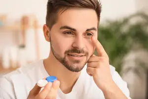 young man inserting contact lens