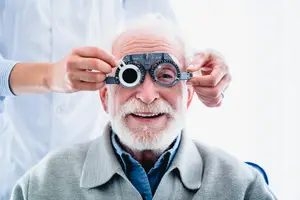 An older man with glasses is having his eyes checked by a doctor