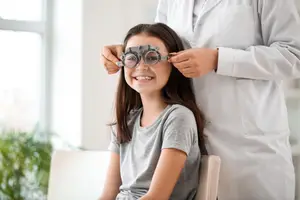 A young girl is undergoing an eye exam at an optometrist's office, with a doctor adjusting her eyeglass frames.
