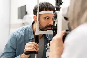 A man is getting his eye examined by an optometrist in a clinic