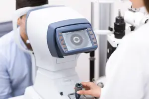 A woman doctor is examining a patient's eyes with an ophthalmoscope in a clinic.