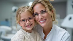 A young girl and a woman in a white lab coat, both smiling, stand in a dental office with medical equipment in the background.