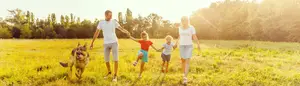 A family of four, including two kids, is walking in a field with two dogs and a setting sun in the background.