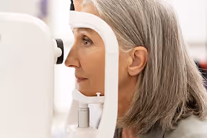 A woman with gray hair is having her eye examined by a professional using an eye testing machine