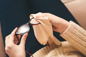 An individual is cleaning a pair of glasses with a white cloth