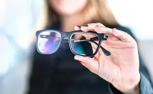 woman holding glasses with blue tint