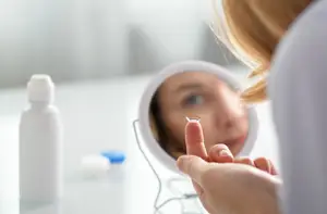 woman examining a contact lens on her finger