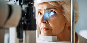 An elderly woman with white hair is undergoing an eye examination in a medical setting. She is looking at something in front of her with a serious expression. The machine she is looking at has a white object with a blue light in the middle. Behind her, there is a blurry background of a white wall and a black object. The light is focused on her eyes, and her eyes are slightly open, and her mouth is slightly open as well.