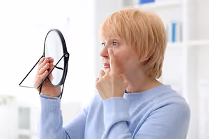 A woman looks at her face in a mirror, examining her skin with concern.