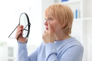A woman looks at her face in a mirror, examining her skin with concern.