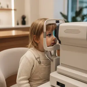 A young girl is looking through an eye exam machine in a room