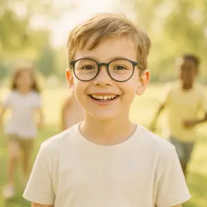 A young boy with glasses smiles at the camera in a park with other children running in the background.