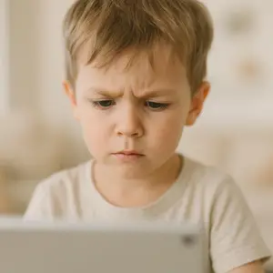 A little boy is frowning while sitting in front of a laptop.