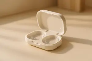A white lens case with two clear compartments is open on a beige surface, casting a shadow.