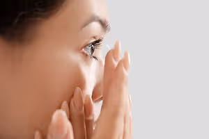 Close-up of a woman's face with one eye looking forward and the other eye wearing a contact lens