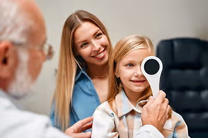 An optometrist examines a young girl's eyes while her mother looks on.