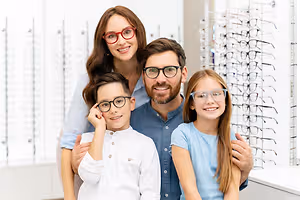 A family of four is standing together in a room with shelves of eyeglasses in the background.