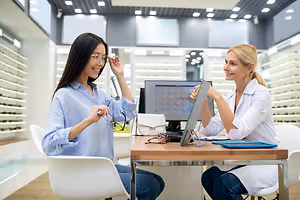 A woman trying on glasses in an optometrist's office while the optometrist checks her vision.