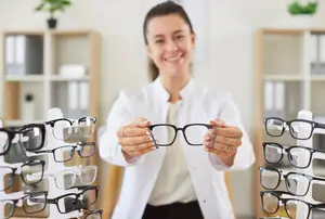 A smiling woman in a white lab coat holding a pair of black glasses in front of a display of eyeglasses.