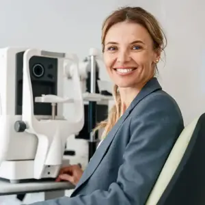 A woman in a suit is smiling in front of an ophthalmoscope machine