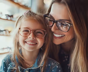 A smiling woman and a girl are wearing glasses and posing for a photo in an optician's shop