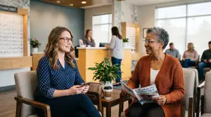 Two women are sitting in chairs in an office, one is smiling and looking at the other, who is holding a book, a potted plant and a cup are on the table in front of them, a woman is standing behind the counter, a signboard and a desk are in the corner of the room.