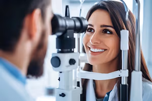 A smiling woman is having her eyes checked by an optometrist using a device.