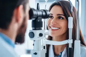 A smiling woman is having her eyes checked by an optometrist using a device.